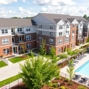 Exterior view of University Suites student housing with modern architecture.