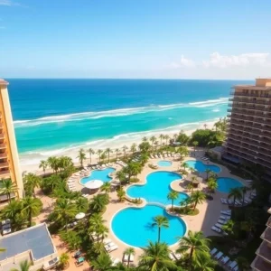Oceanfront view of The Yachtsman Resort with pools and beach
