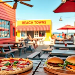 Cozy outdoor dining area at Atlantic Town Grill with picnic tables and colorful decor.