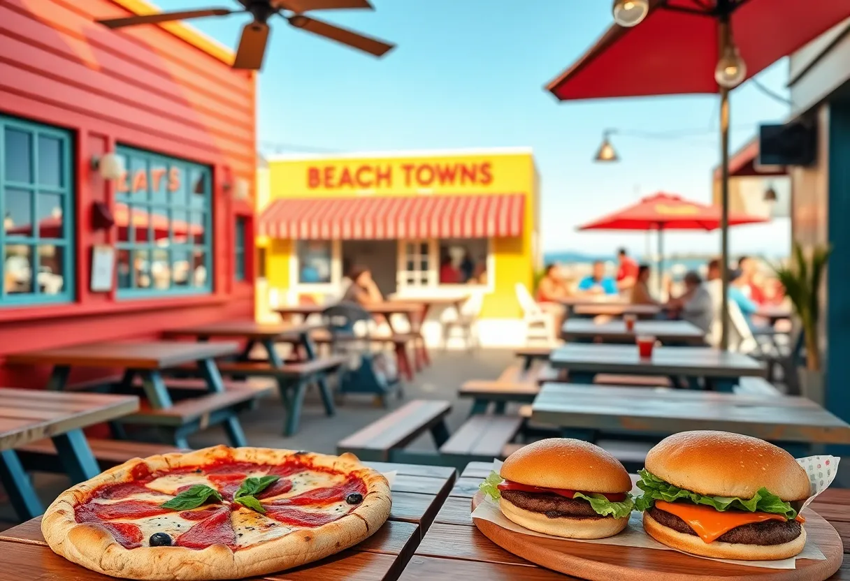 Cozy outdoor dining area at Atlantic Town Grill with picnic tables and colorful decor.