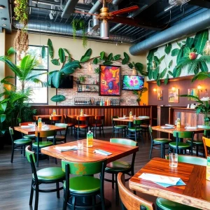 Interior view of Bistro B restaurant with urban jungle decor