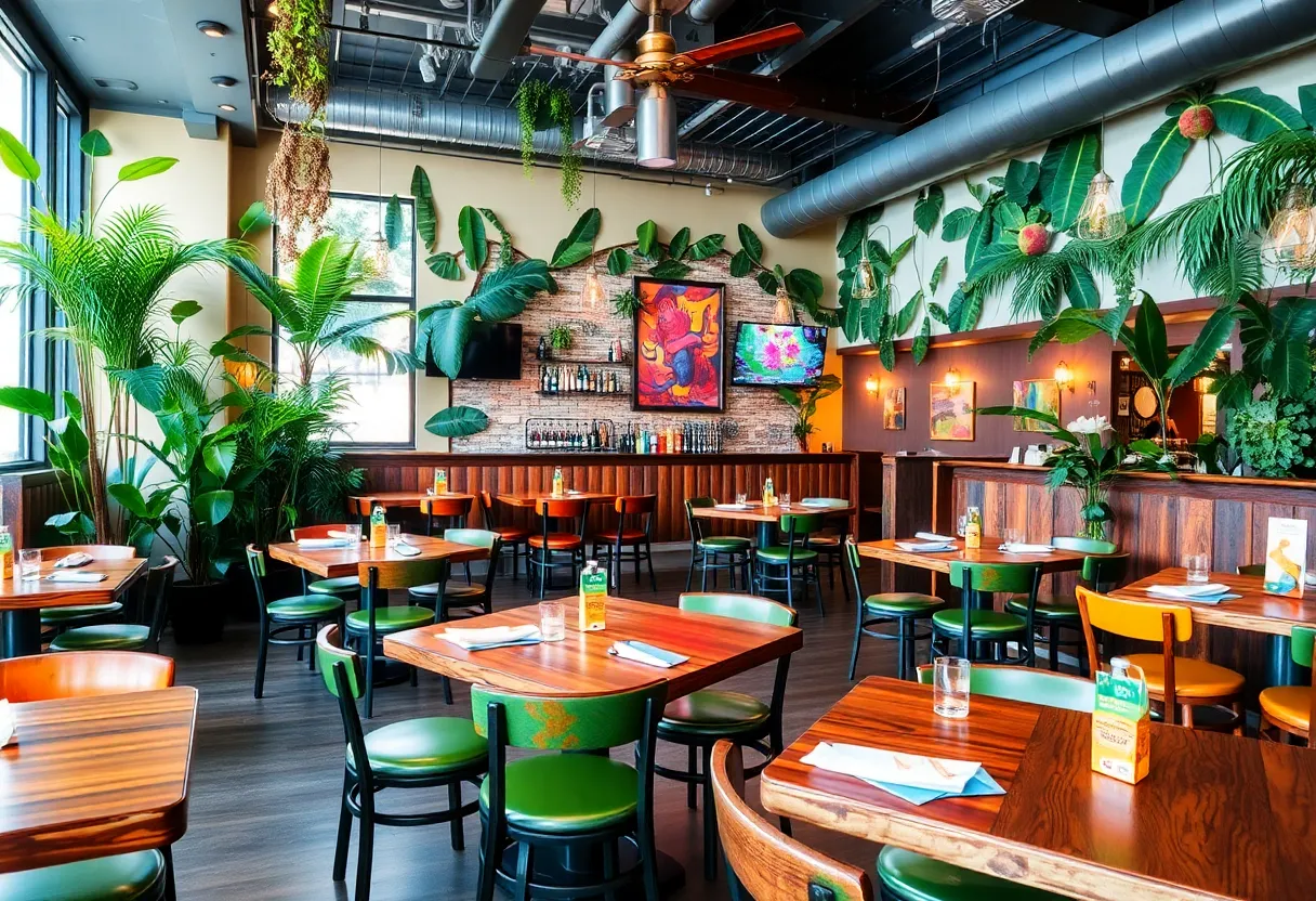 Interior view of Bistro B restaurant with urban jungle decor