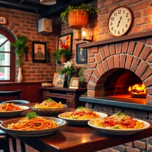 Interior of Cafe Vincenzo’s with brick oven and Italian decor