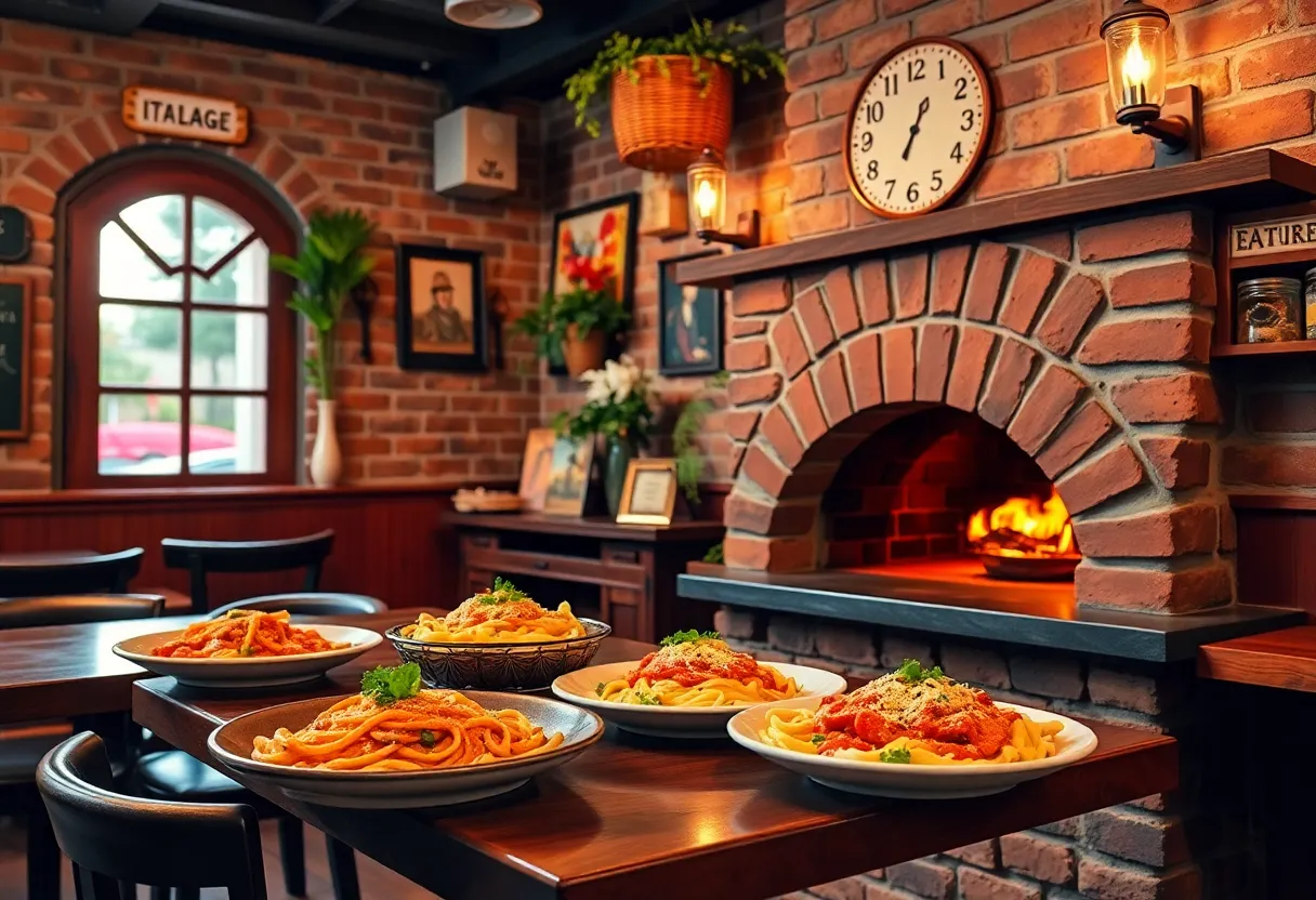 Interior of Cafe Vincenzo’s with brick oven and Italian decor