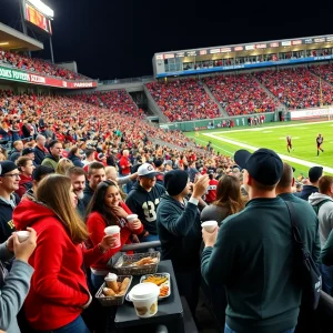 Fans at CCU football game enjoying free food from concessions