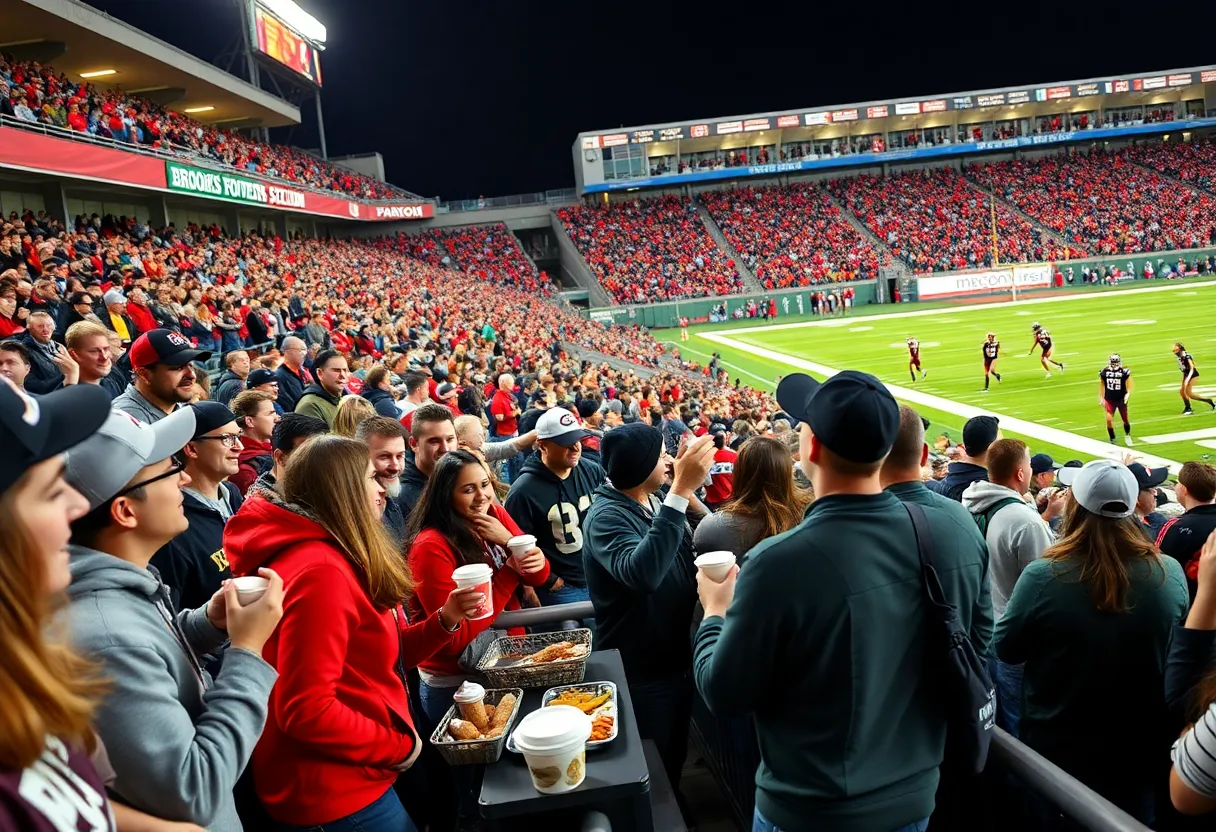 Fans at CCU football game enjoying free food from concessions