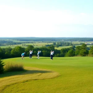 Clemson men's golf team members on the course practicing
