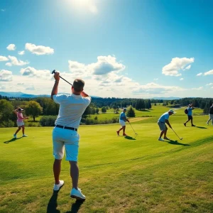 A scenic view of a golf course with players in action