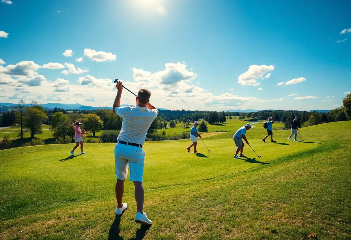 A scenic view of a golf course with players in action
