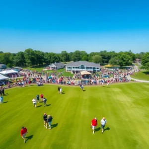Aerial view of a golf tournament in Cleveland with participants and volunteers.