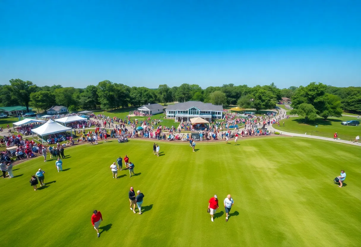 Aerial view of a golf tournament in Cleveland with participants and volunteers.
