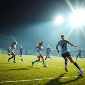 Women playing soccer in a competitive match