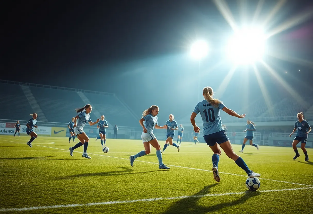 Women playing soccer in a competitive match