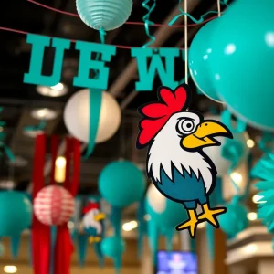 Decorations celebrating the Chanticleer mascot at Coastal Carolina University