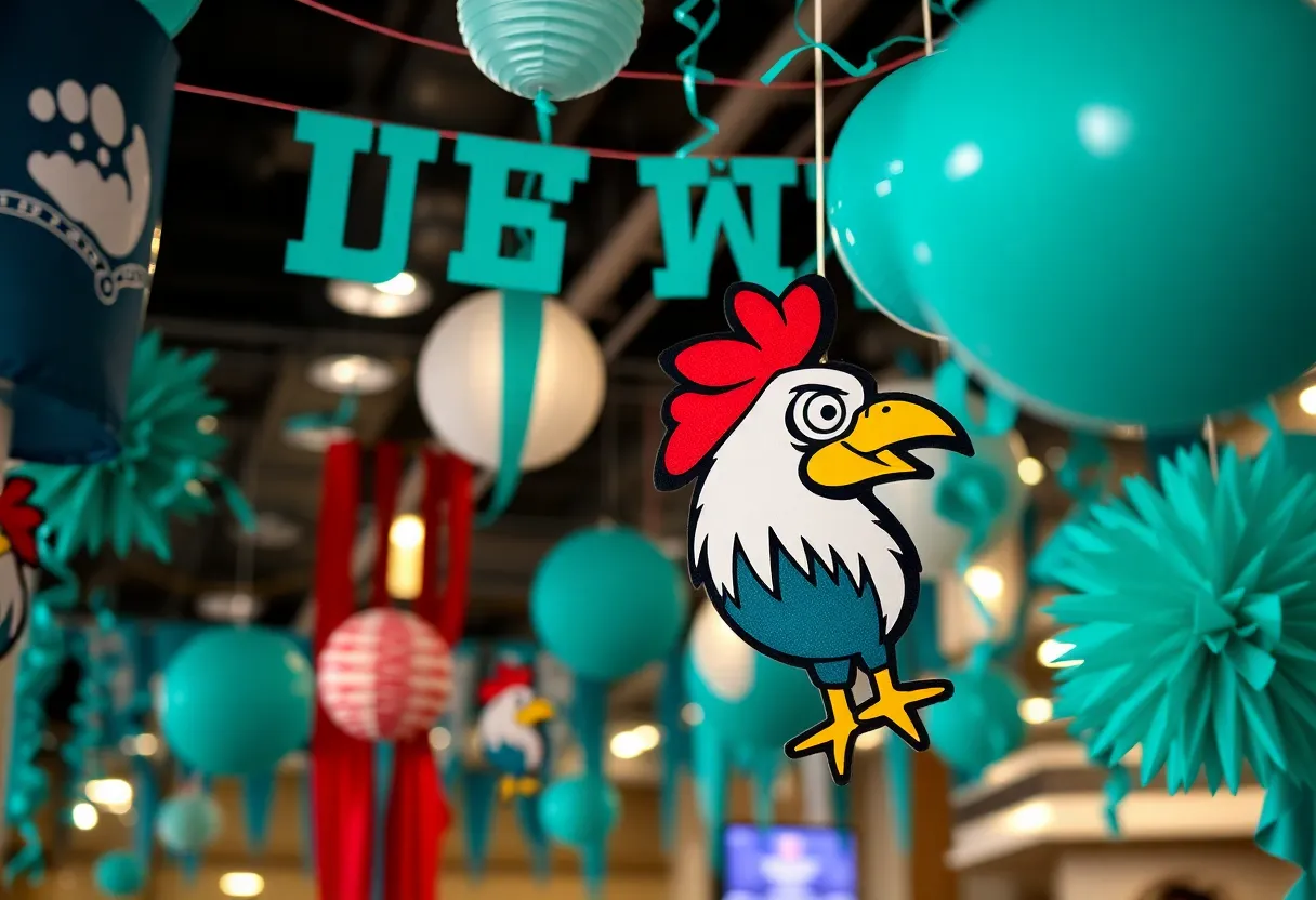 Decorations celebrating the Chanticleer mascot at Coastal Carolina University