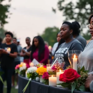 Community members gather to mourn the loss of Trey Wright with candles and flowers.