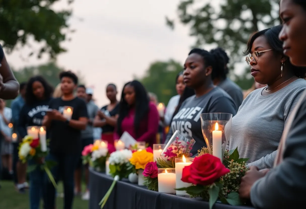 Community members gather to mourn the loss of Trey Wright with candles and flowers.