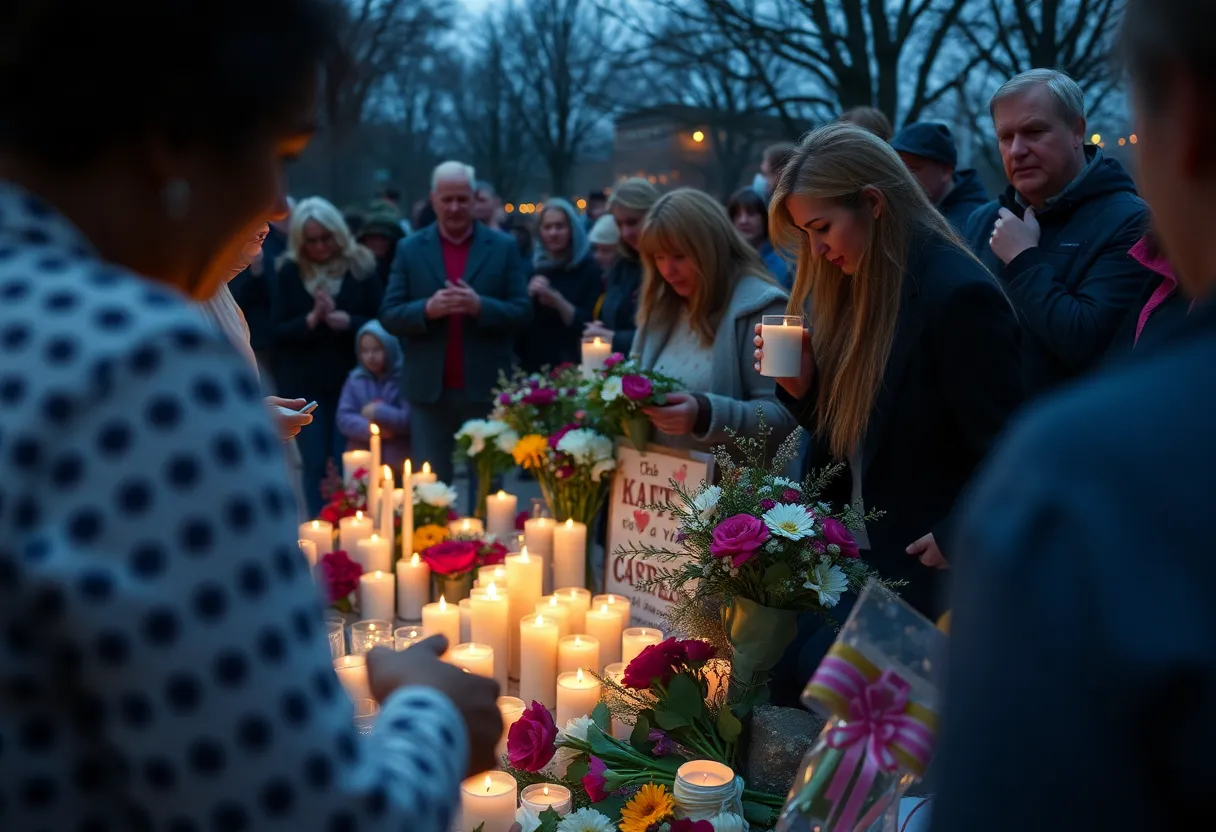 Candles and flowers during a community remembrance service.