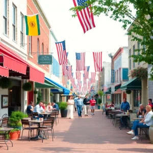 Outdoor dining scene in Conway with restaurants and community members