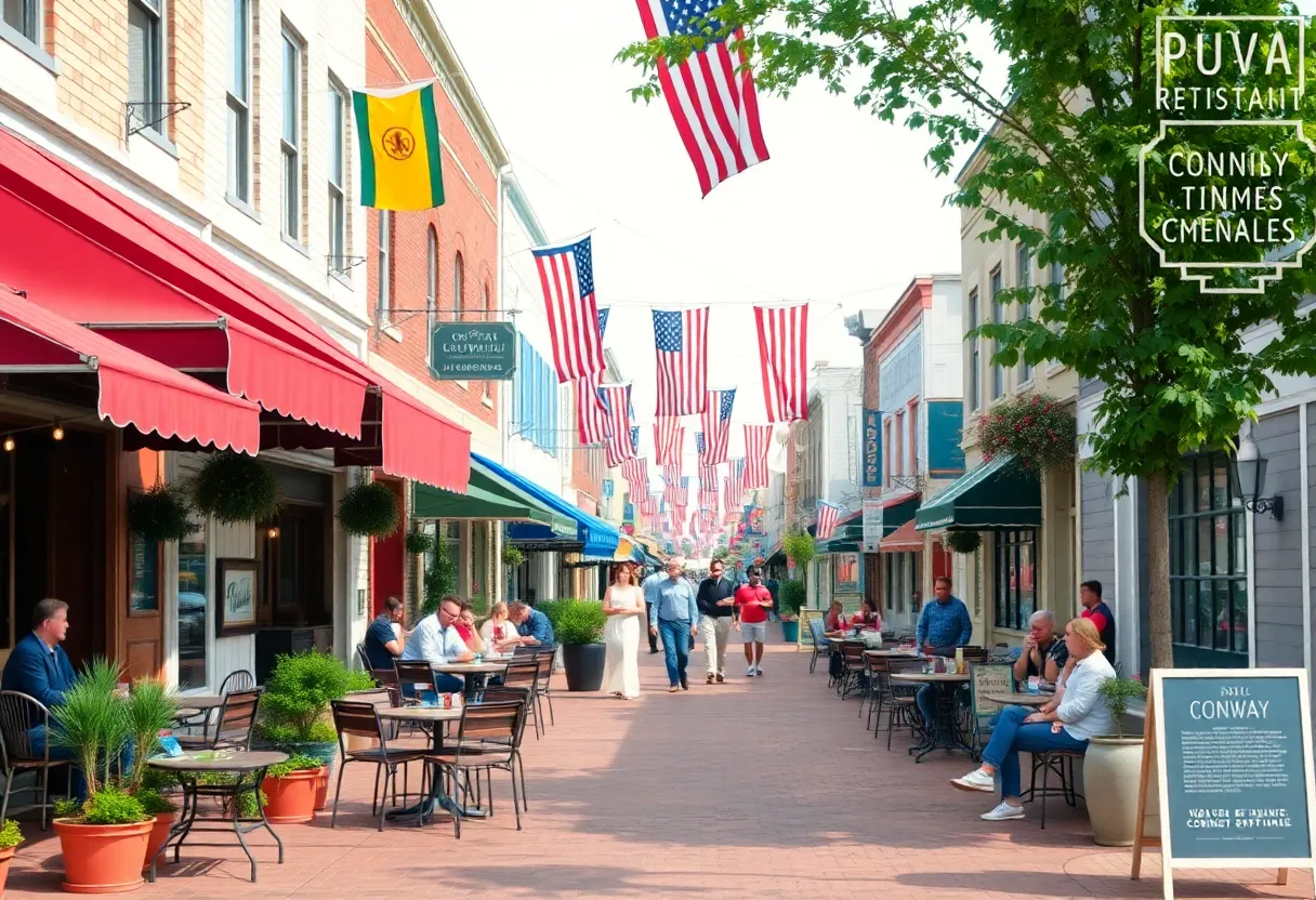Outdoor dining scene in Conway with restaurants and community members
