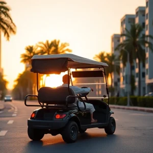 Golf cart driving on a public road at sunset in Conway