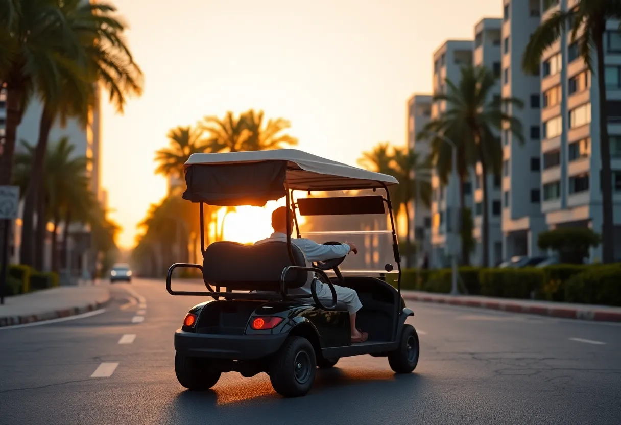 Golf cart driving on a public road at sunset in Conway