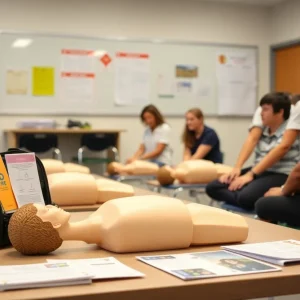 Students using CPR training kits in a classroom