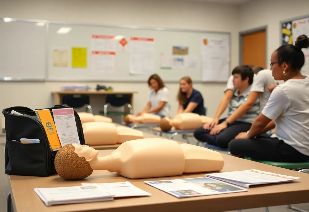 Students using CPR training kits in a classroom