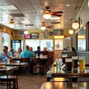Interior view of a local deli restaurant with tables and food
