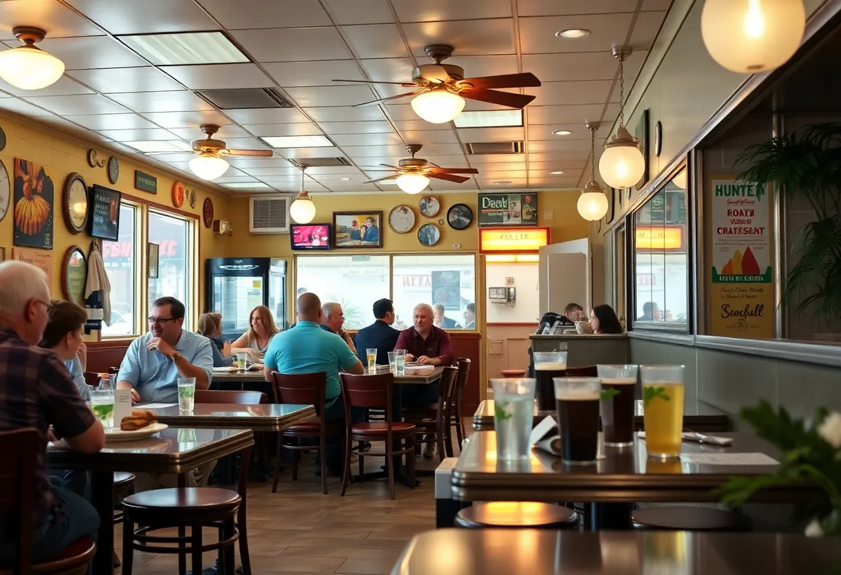 Interior view of a local deli restaurant with tables and food