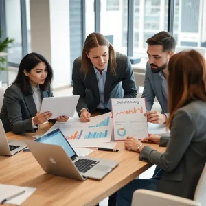 A team discussing digital marketing analytics with laptops.