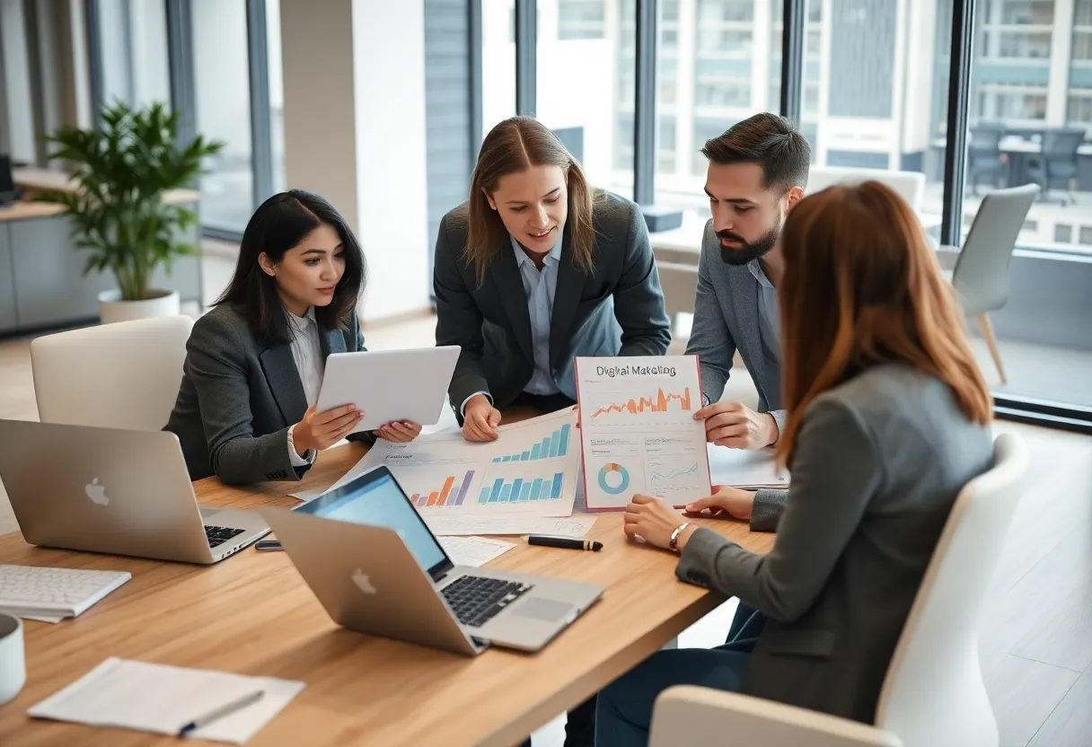 A team discussing digital marketing analytics with laptops.