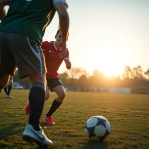 College soccer players competing for the ball during a match