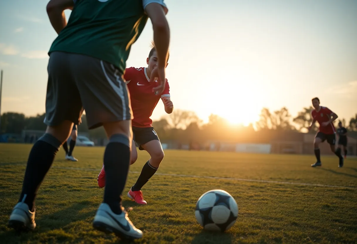 College soccer players competing for the ball during a match
