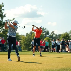 Players practicing on a golf course during a collegiate tournament