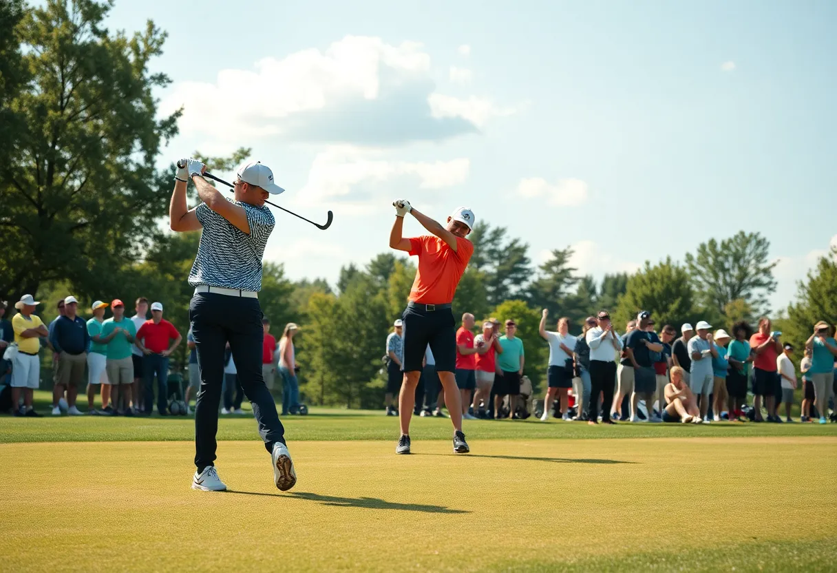 Players practicing on a golf course during a collegiate tournament