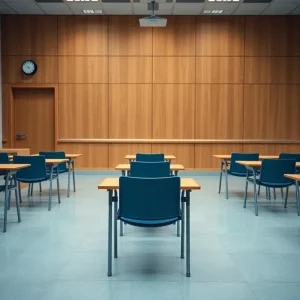 An empty university classroom indicating disruption due to faculty arrest.