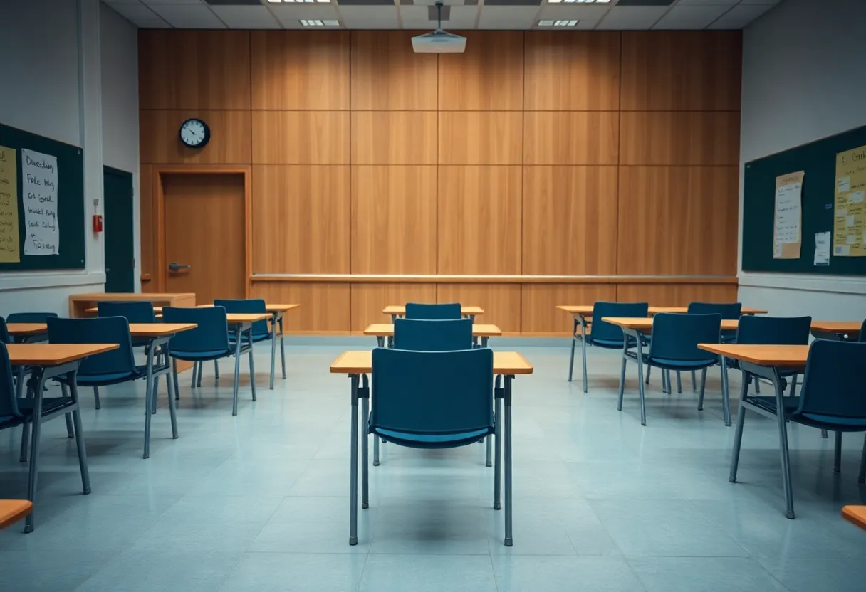 An empty university classroom indicating disruption due to faculty arrest.