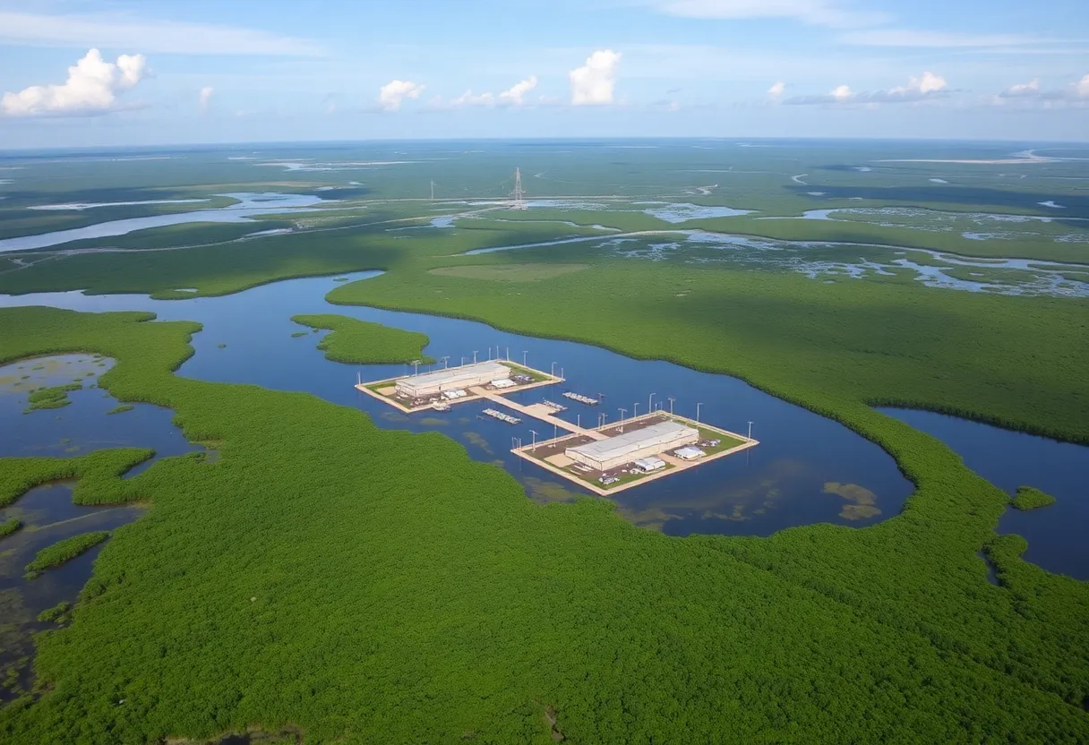 Aerial view of the Everglades Detention Center surrounded by wetlands