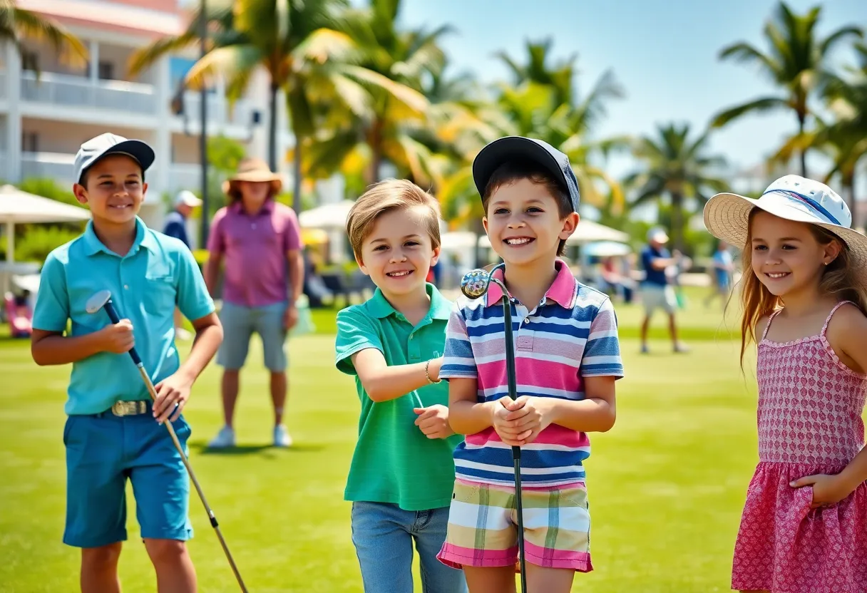 Family playing golf together at a sunny resort in Tempe