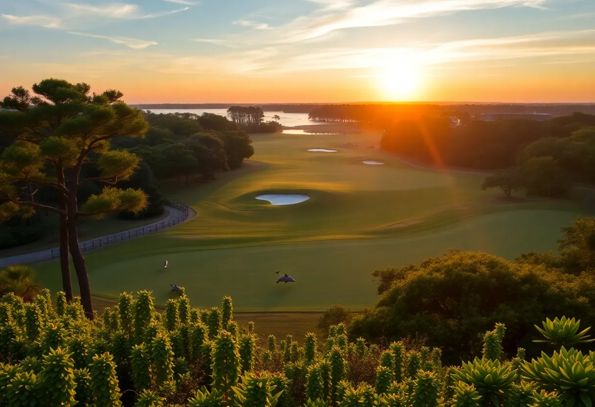 A picturesque view of Fripp Island golf course at sunset