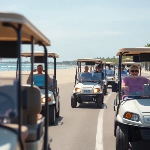 Golf carts safely driving on the streets of Surfside Beach