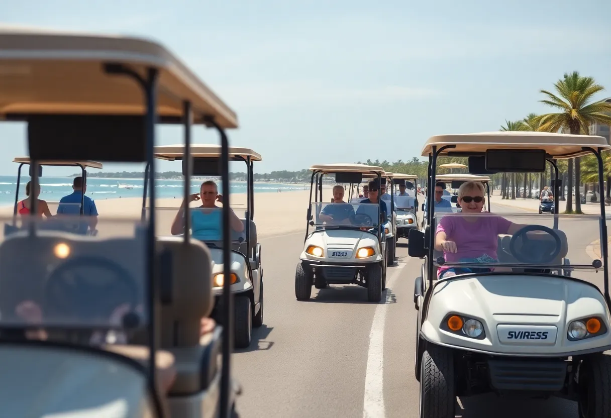 Golf carts safely driving on the streets of Surfside Beach