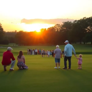 A picturesque golf course at sunrise with community gathering.