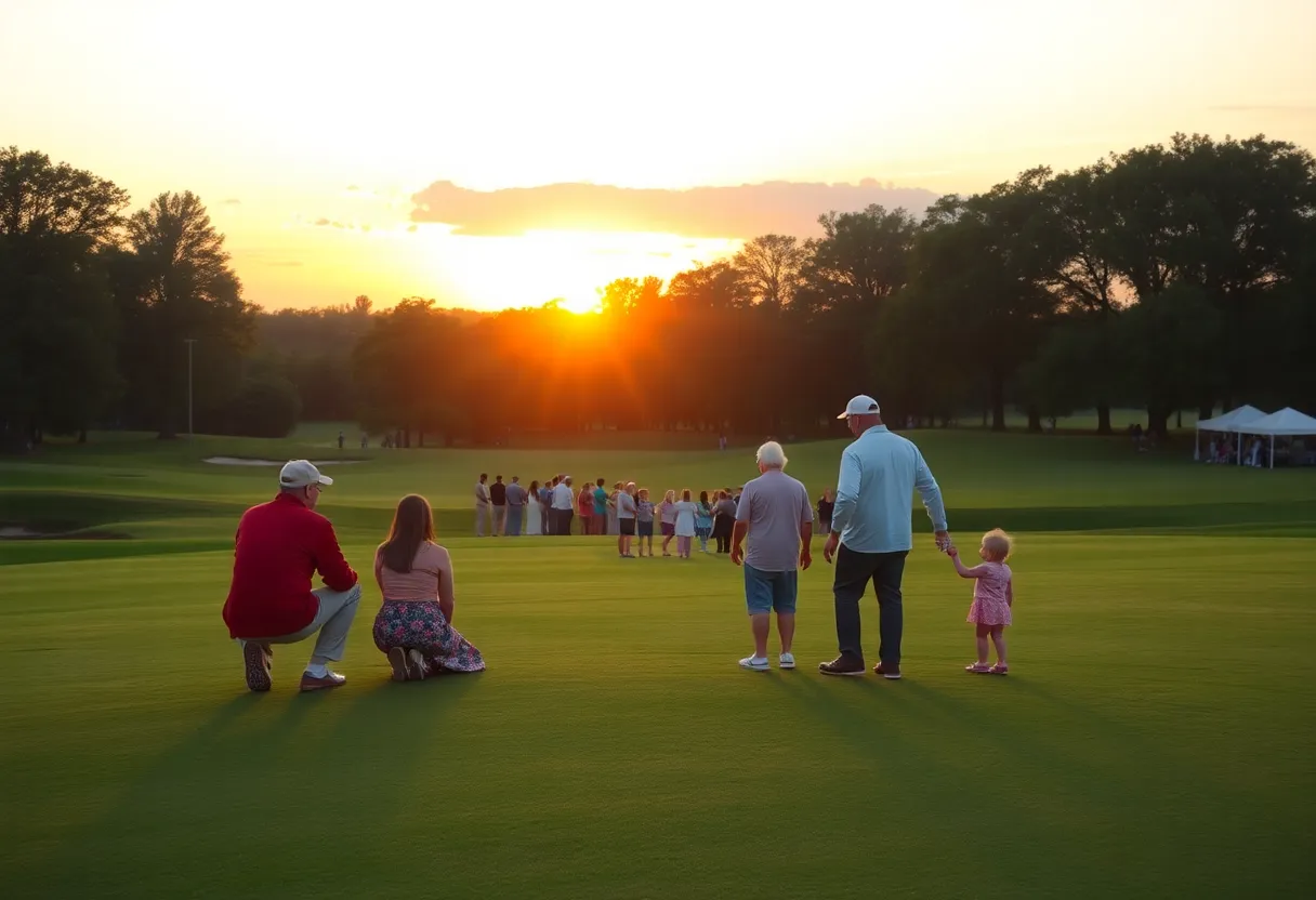 A picturesque golf course at sunrise with community gathering.