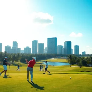 Golf tournament in Miami featuring players and a scenic view of the skyline.