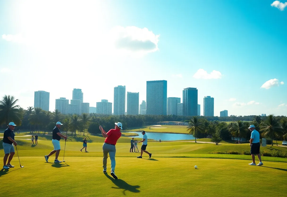 Golf tournament in Miami featuring players and a scenic view of the skyline.