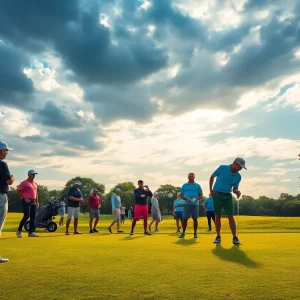 A professional golf scene showcasing golfers on a green course.