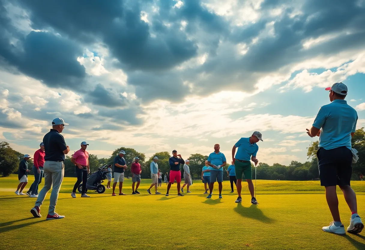 A professional golf scene showcasing golfers on a green course.