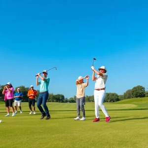 Collegiate golf players teeing off on a sunny day